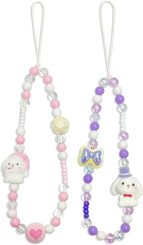 2PCS Cute Phone Charms Pink Phone Charm Strap Pretty Bow Pearl Furry Puppy Beaded Phone Wrist Strap Camera Charm Strap Phone Accessories Charm in Kuwait