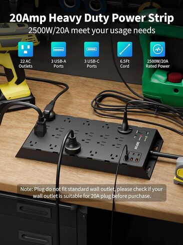 Heavy Duty Power Strip Surge Protector 20Amp (Vertical Plug), T-Slot 20A Outlet, 10 Feet 12 Gauge Extension Cord with 22 AC Outlets(2500W/20A) 6 USB Ports (3 USB C) for Industrial Garage in Saudi Arabia