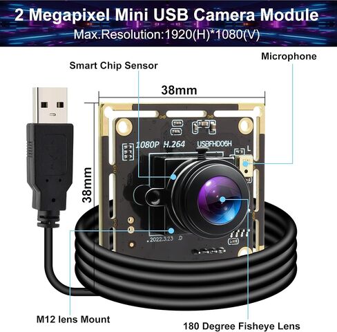 Fisheye USB Camera H.264 Wide Angle Low Light Full HD 1080P 30fps Small Video Camera with MIC for Lightburn 3D Printer PC Windows Android Linux Mac OS(Industrial Use, Video Monitoring) in Saudi Arabia