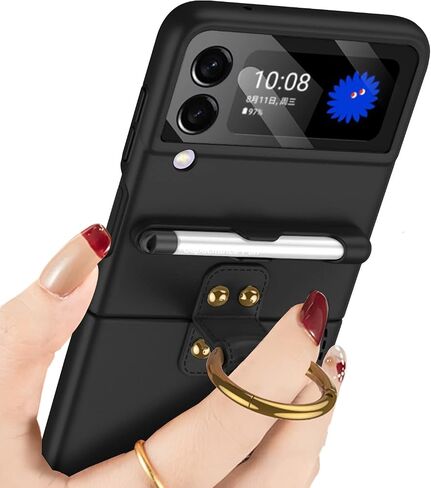 for Samsung Galaxy Z Flip 3 Case with Pen and Ring,Ultra Thin Matte Leather Anti-Drop Phone Cover with Camera Screen Protector for Samsung Galaxy Z Flip 3 5G(ZFlip3-Purple) in Saudi Arabia
