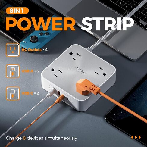 Surge Protector Power Strip 20W, TESSAN Flat Plug Thin Extension Cord 6 FT, Multiple Charging Station with 4 Outlets 4 USB(2 USB C), Mountable, Surge Protection for Home Office Dorm, Desk Accessories in Saudi Arabia
