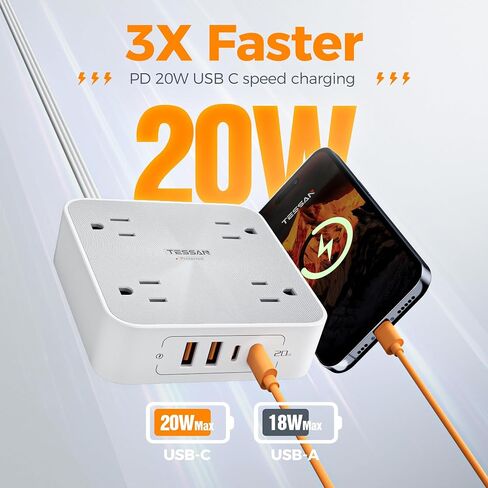 Surge Protector Power Strip 20W, TESSAN Flat Plug Thin Extension Cord 6 FT, Multiple Charging Station with 4 Outlets 4 USB(2 USB C), Mountable, Surge Protection for Home Office Dorm, Desk Accessories in Saudi Arabia