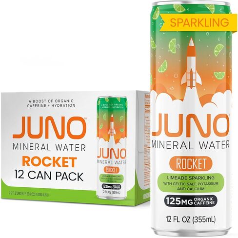 JUNO Rocket Unflavored Still Mineral Water, Hydration Energy Drink with 125mg Organic Caffeine from Green Coffee Beans, Sea Salt, Potassium, and Calcium, 12 Pack in Saudi Arabia