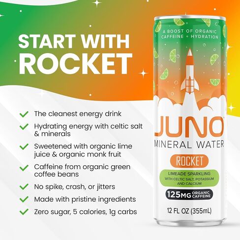 JUNO Rocket Unflavored Still Mineral Water, Hydration Energy Drink with 125mg Organic Caffeine from Green Coffee Beans, Sea Salt, Potassium, and Calcium, 12 Pack in Saudi Arabia