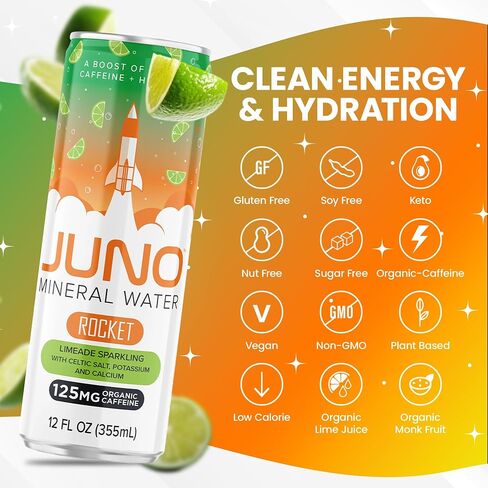 JUNO Rocket Unflavored Still Mineral Water, Hydration Energy Drink with 125mg Organic Caffeine from Green Coffee Beans, Sea Salt, Potassium, and Calcium, 12 Pack in Saudi Arabia