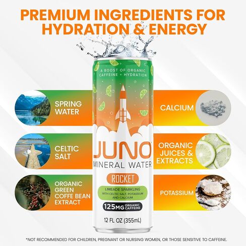 JUNO Rocket Unflavored Still Mineral Water, Hydration Energy Drink with 125mg Organic Caffeine from Green Coffee Beans, Sea Salt, Potassium, and Calcium, 12 Pack in Saudi Arabia