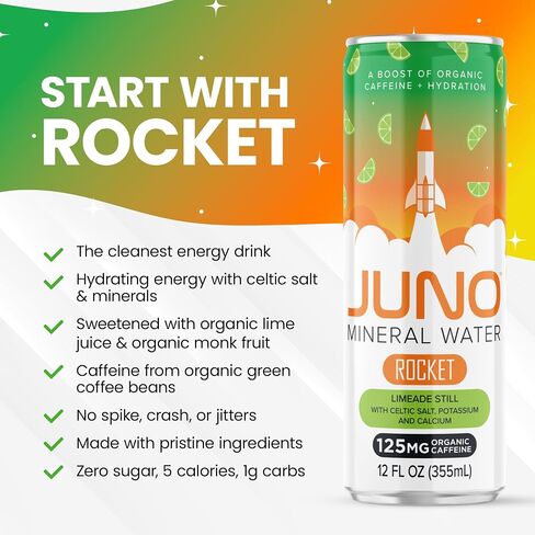 JUNO Rocket Unflavored Still Mineral Water, Hydration Energy Drink with 125mg Organic Caffeine from Green Coffee Beans, Sea Salt, Potassium, and Calcium, 12 Pack in Saudi Arabia