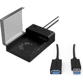 USB 3.0 to SATA External Hard Drive Lay Flat Docking Station with Built in Cooling Fan for 2.5 or 3.5in HDD, SSD+USB 3.0 Extension Cable A Male to A Female [Black] 3 Feet