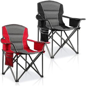 Oversized Folding Camping Chairs:2 Pack Heavy Duty Padded Lawn Chair with Adjustable Arm Straps,Collapsible for Outdoor,Fishing & Beach,Support 400 LBS,Black & Red
