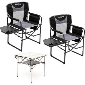 SUNNYFEEL Camping Directors Chair 2 Pack with Aluminum Outdoor Folding Table, Oversized Portable Folding Chair with Pocket for Beach, Fishing,Trip,Picnic,Lawn,Concert