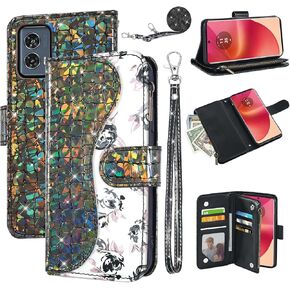 Floral Wallet Case for Motorola Edge 50 Fusion with Wrist Strap Shoulder Strap Flip Zipper Purse Card Holder,Luxury PU Leather Stand Sparkly Glitter Bling Cell Phone Cover for Women Pink