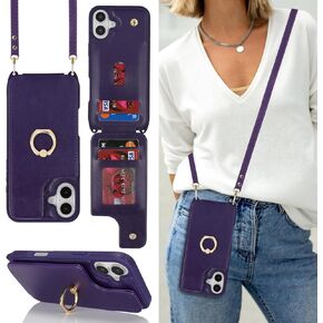 for iPhone 16 Case with Card Holder and Strap for Women,Crossbody Lanyard,Ring Stand,Snap Clasp,Cute Phone Wallet Cases 6.1 inch(Dark Purple)
