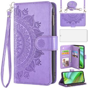 Asuwish Phone Case for Motorola Moto G Power 5G 2023 Wallet Cell Cover with Screen Protector Lanyard Wrist Strap Mandala Flower Flip Zipper Card Holder Slot Stand GPower G5 Women Girls Green