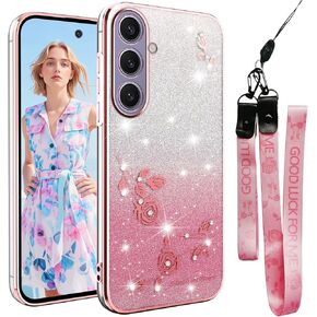 Ysnzaq Glitter Floral Case for Samsung Galaxy A16 with Crossbody Lanyard & Wrist Strap, Soft TPU Shockproof Phone Case Cute and Transparent Design for Samsung Galaxy A16 YSS Blue