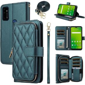 Argyle Wallet Case for Cricket Dream 5G/AT&T Radiant Max 5G with Wrist Strap Shoulder Strap, 9+ Card Slots Zipper Purse Luxury PU Leather Stand Checkered Phone Cover for ATT G5 6.8 Green