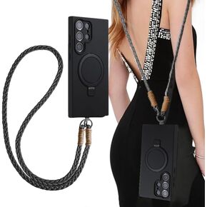 Hidden Stand for Samsung s25 Ultra case Wearing Phone Lanyard Crossbody, Anti-Collision Phone case for Men Women Black (Black)