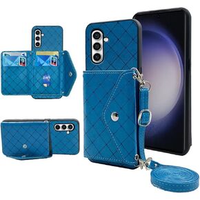 Wallet Case for Samsung Galaxy S23 FE 5G with Crossbody Shoulder Strap Stand Grid PU Leather Credit Card Holder Slot Cell Accessories Slim Phone Cover for S 23 EF S23FE 23S Women Girls Pink