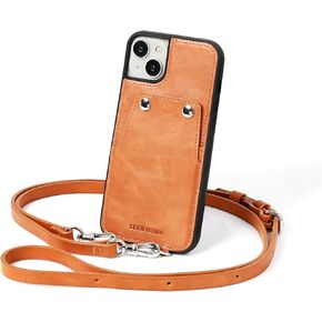 LUCKYCOIN Lanyard Cases for Women Compatible with iPhone 14 Plus 6.7in,Premium Retro Leather Crossbody Wallet Phone Case with Credit Card Holder,Durable Shockproof Protective Cover Case（Brown）