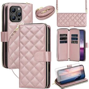 Asuwish Phone Case for iPhone 16 Pro Max Wallet Cover with Screen Protector Strap Card Holder Stand PU Leather Flip Cell Zipper iPhone16promax 5G i Phone16Max Plus iPhone16 ProMax Women Girls Purple