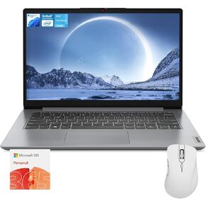 Lenovo IdeaPad 1 Everyday Laptop, 14" HD Display, 8GB RAM, 256GB Storage(128GB eMMC + 128GB PCIe), 1 Yr Office 365 Included, Intel Core Processor, Win 11 Home, Bundle with Thunderobot Wireless Mouse