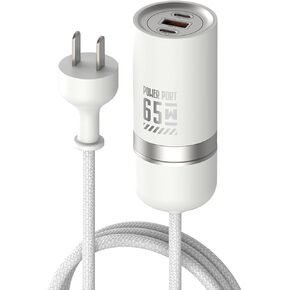 65W GaN Fast Wall Charger Block with 2 USB-C & 1 USB-A Ports, 5ft Nylon Extension Adapter – High-Speed Charging for iPhone, iPad, MacBook, Samsung Galaxy, and More Devices (GreyBlack)