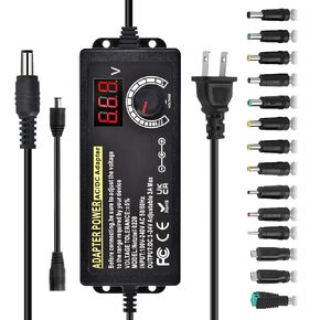 3A 72W Power Supply Adjustable DC 3V ~ 24V Variable Universal Switching 100V-240V AC/DC Adapter with Volt Display & Adjustable Voltage & 14pcs Tips