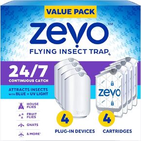 مصائد Zevo 2 Flying Ensect و 2 خراطيش - قم بتوصيل Fly Trap & Indoor Bug Catcher لـ Gnats و House & Fruit Flies - خالٍ من الفوضى - يستخدم في أي غرفة - الضوء الأزرق والأشعة فوق البنفسجية (2 قابس في الأجهزة وخراطيش 2)