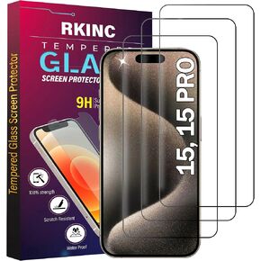 RKINC Screen Protector [3-Pack] for iPhone 15 6.1-Inch, Tempered Glass Film Screen Protector, 0.33mm [LifetimeWarranty][Bubble-Free][Anti-Scratch][Anti-Shatter]