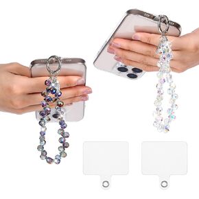 2Pcs Crystal Beaded Phone Wrist Strap, Cellphone Lanyard Chain with CellPhone Tether Tab Cute Phones Bracelet Strap Sparkling Phone Charms Strap for Women(Deep Purple, Transparent)