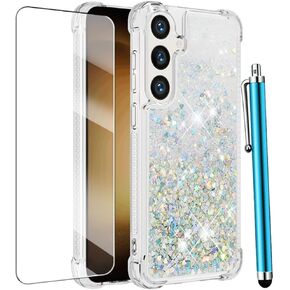 for Samsung Galaxy S25 Case Glitter, Galaxy S24 Case with Screen Protector, Sparkle Bling Liquid Floating Cute Women Girls, Slim TPU Soft Silicone Shockproof Protective Phone Cover -Sliver