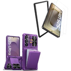 for Samsung Galaxy S25 Ultra Case with 2X Screen Protector & Card Holder & Kickstand & Slide Camera Lens Cover, Silicone Edge Rugged Shockproof Protective Phone Case for S25 Ultra, Purple
