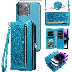 Asuwish Phone Case for iPhone 14 Pro Max 6.7 inch Zipper Wallet Detachable Cell Cover with Screen Protector Strap Flower Card Holder iPhone14promax 5G i Phone14Max Plus iPhone14 ProMax Women Rose Gold