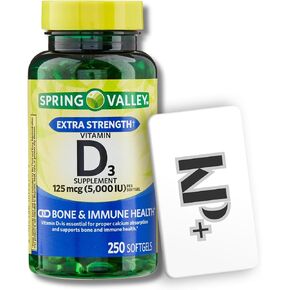 Spring Valley, Vitamin D3 Softgels, Vitamin D3 125MCG 5000 IU, 250 Count Bundle with Pill Case