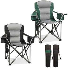 2 Pack Oversized Camping Chair, Padded Portable Chairs Heavy Duty Camping Folding Chairs w/Cooler Bag & Cup Holder, Support 400 LBS for Outdoor, Fishing & Garden (Orange & Blue)
