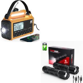 2 Pack Rechargeable Flashlights High Lumens + Emergency Radio,5000 Digital Weather Radio with AM/FM/NOAA/SW