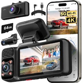 REDTIGER 4K 3 Channel Dash Cam 5G WiFi Built-in GPS with 64GB Card with 11.5Ft USB Type-C Power Cord
