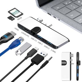 Surface Laptop 3/4/5 Docking Station with 4K HDMI, 100Mbps RJ45 Adapter, USB 3.0, USB C, SD/TF Card Slot, 3.5mm Audio Adapter, USB Hub for Microsoft Surface Laptop GO/GO2