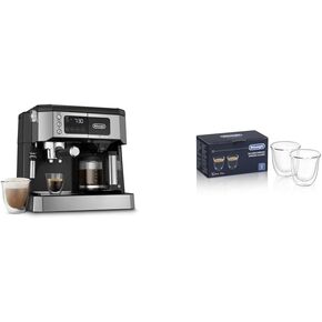 De'Longhi All-in-One Combination Coffee Maker & Espresso Machine + Advanced Adjustable Milk Frother & DeLonghi Double Walled Thermo Espresso Glasses, Set of 2, Regular, Clear