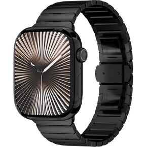 سوار Black Link متوافق مع Apple Watch Series 10 Jet Black S10 (46mm) و Ultra 2 (49mm) علبة التيتانيوم - شريط معدني من الفولاذ المقاوم للصدأ