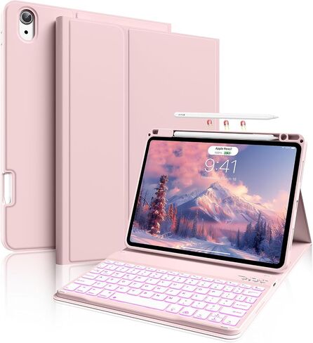 Keyboard Case for iPad Air 11-inch M3/M2 (2025/2024), Folio Cover with Pencil Holder for Air 6th 11"/Air 5th 4th Gen 10.9 inch Case with Detachable Bluetooth Keyboard, 7-Color Backlit, Pink in Saudi Arabia
