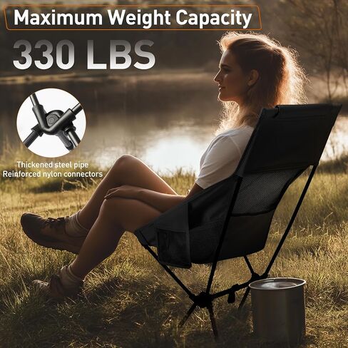 Portable Camping Chair, Camping Folding Chair Supports 330 Lbs, Lightweight Folding Chairs for Outside, High Back Rest Folding Camp Chair, Lawn Chairs for Outdoor Adventures, Black in Saudi Arabia