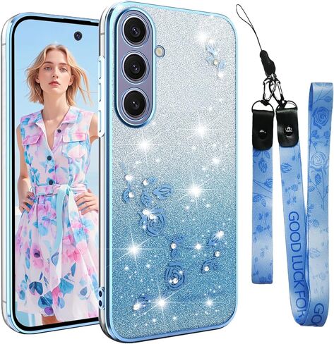 ysnzaq glitter floral case for Samsung Galaxy A16 مع حزام Crossbody Lanyard & Wrist ، وحالة هاتف TPU الناعمة اللطيفة لتصميم لطيف وشفاف لـ Samsung Galaxy A16 Yss Blue in Saudi Arabia