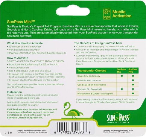 SunPass PRO Portable Transponder, Prepaid Toll Program for Florida, Florida and 21 Other States, and Anywhere EZPass is Accepted in Saudi Arabia
