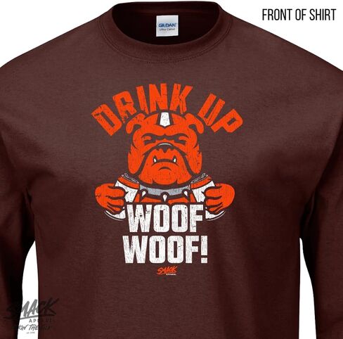 Smack Apparel Cleveland Football Fans. Drink Up Woof Woof! Brown T-Shirt (Sm-5x) in Saudi Arabia