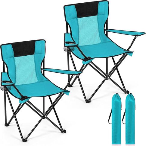 Shellwei 2 PCS Folding Camping Chair with Cupholder and Carry Bag Regular Size Colorful Breathable Portable Lightweight Lawn Chair with Side Pocket for Fishing Hiking Beach Outdoor Activity in Saudi Arabia
