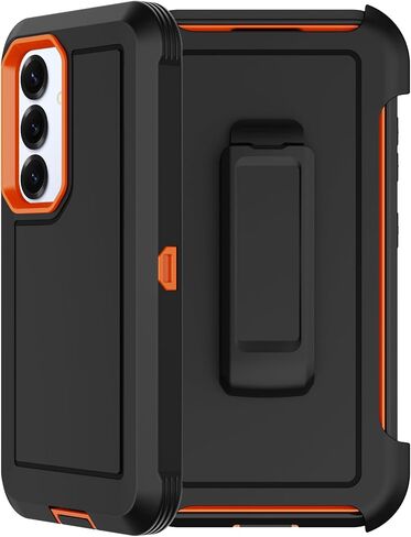 RubCase for Samsung Galaxy S25/S24 Case with 2X Screen Protector, Dual Layer Bumper Cover with Belt Clip Holster & Kickstand Phone Case for Galaxy S25/S24 5G (Black/Orange) in Saudi Arabia