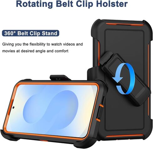 RubCase for Samsung Galaxy S25/S24 Case with 2X Screen Protector, Dual Layer Bumper Cover with Belt Clip Holster & Kickstand Phone Case for Galaxy S25/S24 5G (Black/Orange) in Saudi Arabia