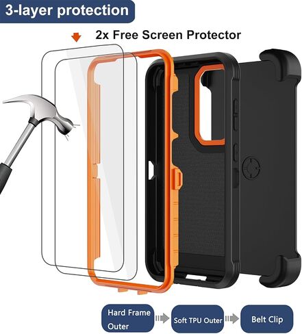 RubCase for Samsung Galaxy S25/S24 Case with 2X Screen Protector, Dual Layer Bumper Cover with Belt Clip Holster & Kickstand Phone Case for Galaxy S25/S24 5G (Black/Orange) in Saudi Arabia