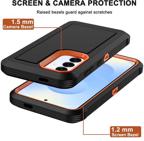 RubCase for Samsung Galaxy S25/S24 Case with 2X Screen Protector, Dual Layer Bumper Cover with Belt Clip Holster & Kickstand Phone Case for Galaxy S25/S24 5G (Black/Orange) in Saudi Arabia