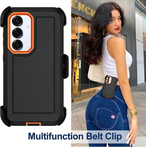 RubCase for Samsung Galaxy S25/S24 Case with 2X Screen Protector, Dual Layer Bumper Cover with Belt Clip Holster & Kickstand Phone Case for Galaxy S25/S24 5G (Black/Orange) in Saudi Arabia